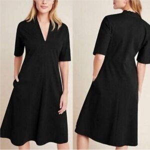Velvet Black A-Line Midi Dress V-Neck Short Sleeve